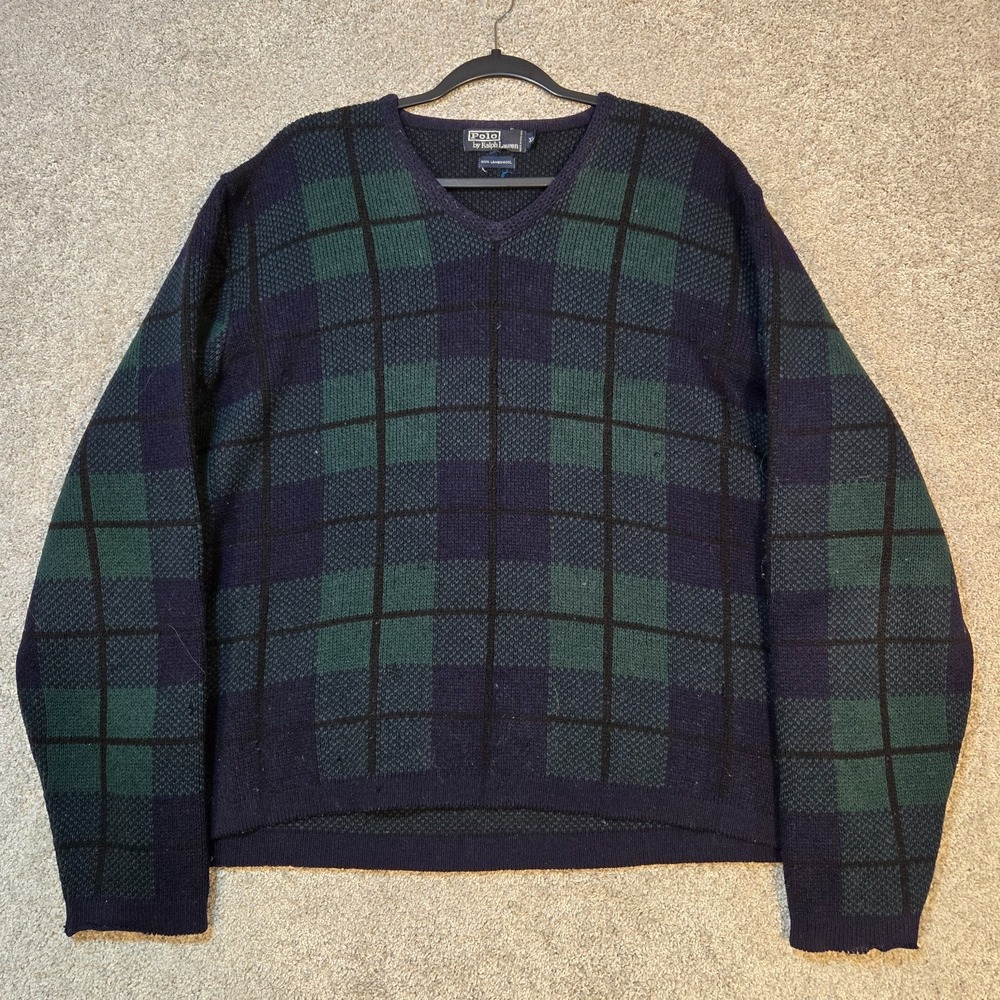 Polo by Ralph Lauren green blue Plaid 100% Lambswool Knit Sweater Men XL *FLAWS*